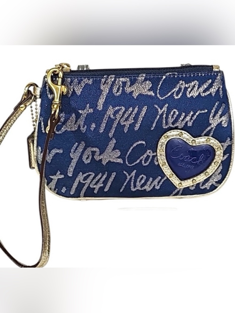 COACH 1941 NEW YORK LOVE HEART WRISTLET NAVY  & GOLD  METALLIC